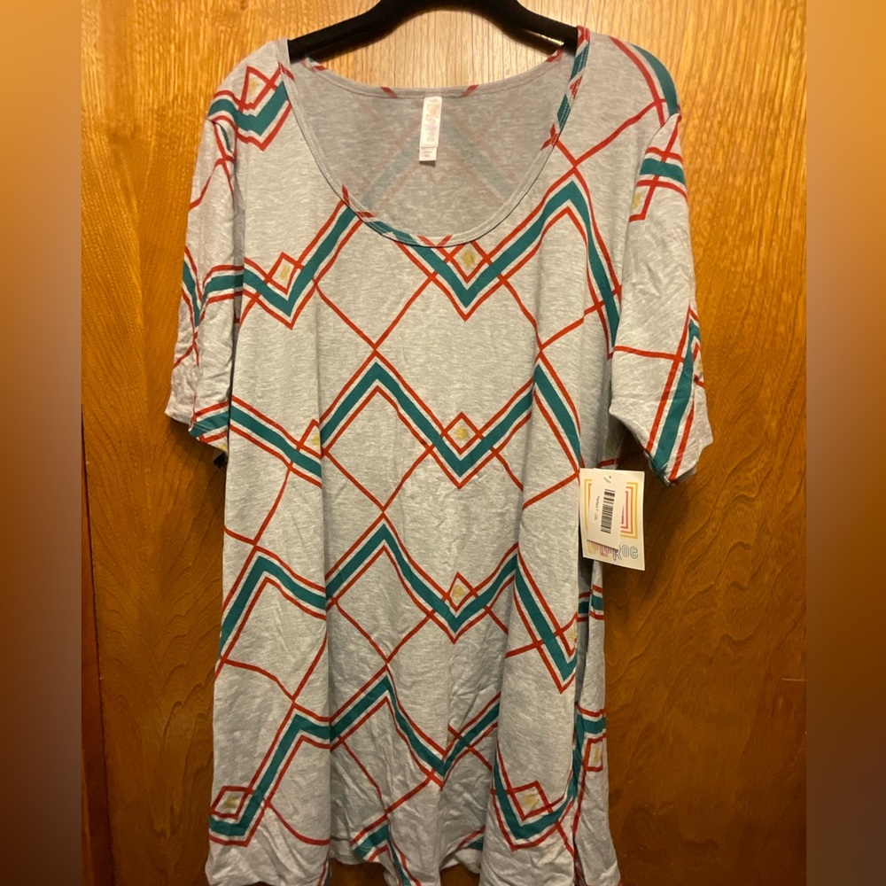 LuLaRoe - Perfect T - 2XL - Gray w/teal and maroon zigzags - NWT